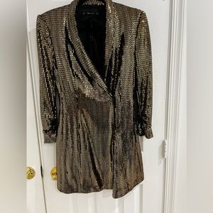 ZARA gold metallic blazer dress- gold sequins- vintage